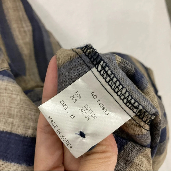 Terra Blue Tan Striped Lagenlook Artsy Button Down Size Medium - Picture 5 of 10